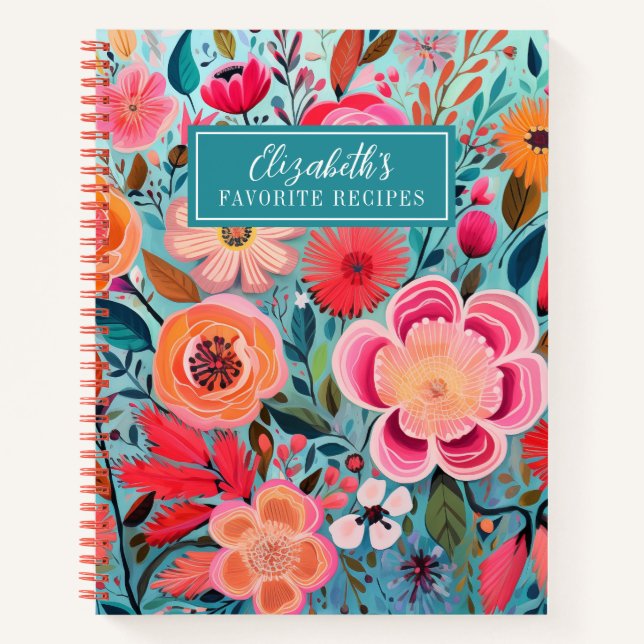 Pretty girly Colorful Floral Recipe Cookbook Notebook (Front)