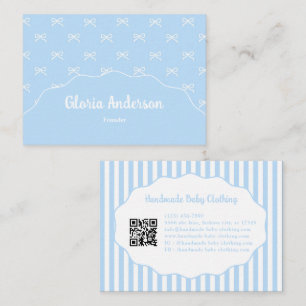 Pretty Girly Feminine Blue White Bow Stripes Business Card