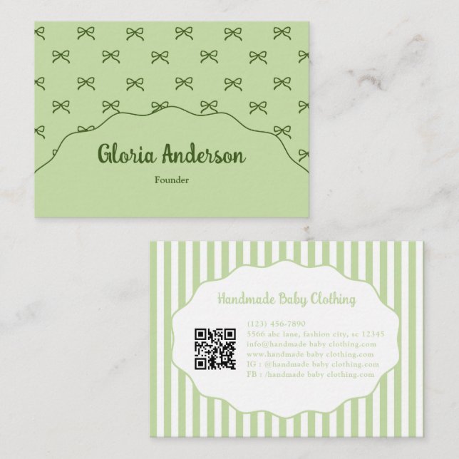 Pretty Girly Feminine Green Bow Stripe Pattern Business Card (Front/Back)