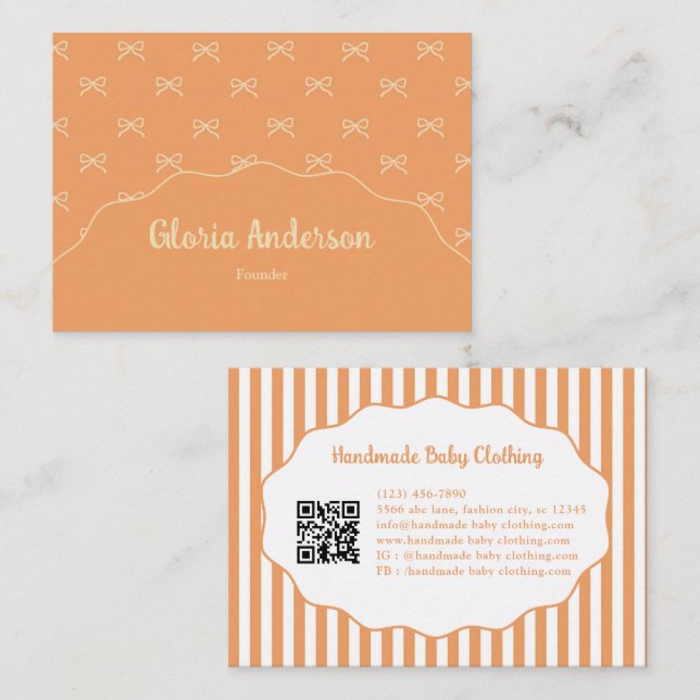 Pretty Girly Feminine Orange Bow Stripe Pattern  Business Card (Front/Back)