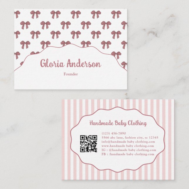 Pretty Girly Feminine Pink Bow Stripe Pattern Business Card (Front/Back)