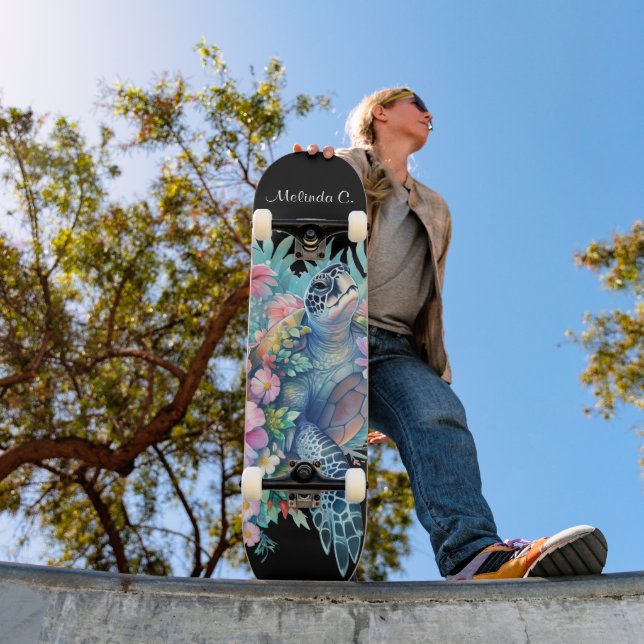 Pretty Girly Floral Sea Turtle Deck Skateboard (Outdoor 1)