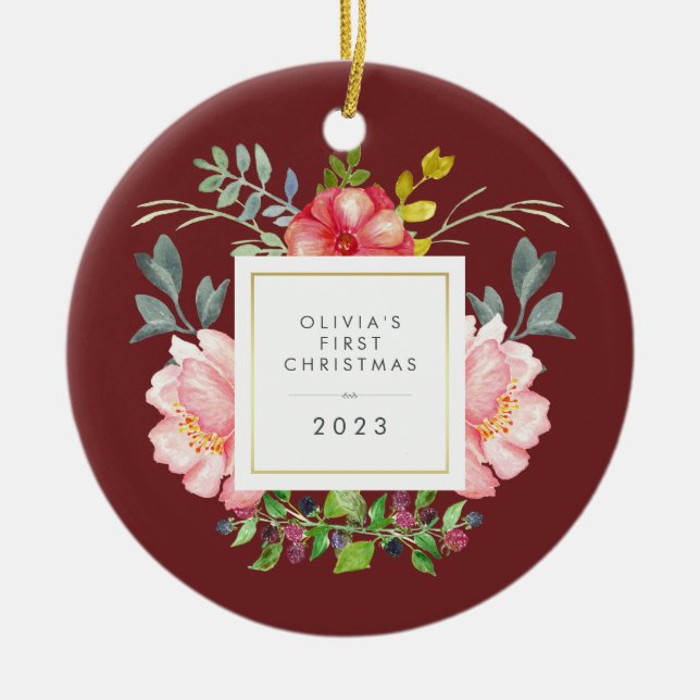 Pretty Girly Flowers Baby's First Christmas Ceramic Ornament (Front)
