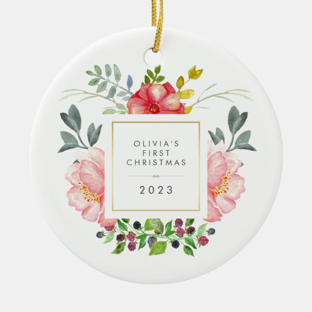 Pretty Girly Flowers Baby's First Christmas Ceramic Ornament (Front)