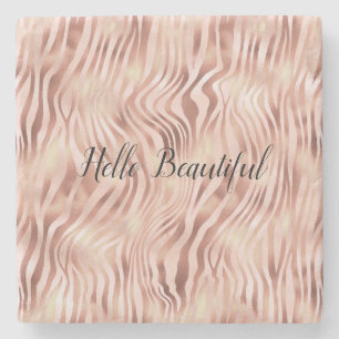 Pretty Girly Glam Pink Peach Rose Zebra Print Stone Coaster