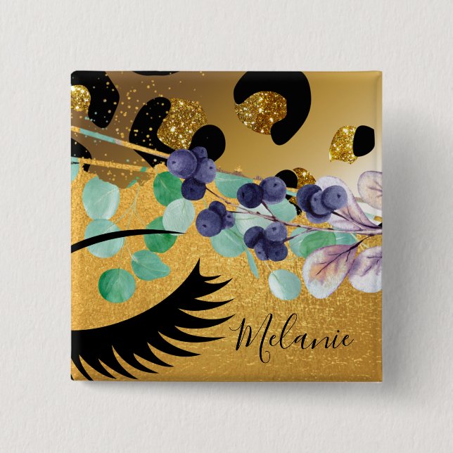 Pretty Girly Glitter Gold Animal Print Named Glam 2 Inch Square Button (Front)