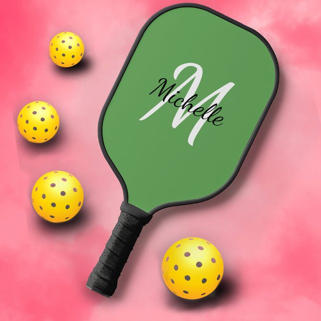 Pretty Girly Green Monogram Name + Initial Pickleball Paddle (Creator Uploaded)
