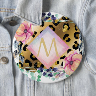 Pretty Girly Leopard Print Gold Pink Monogrammed 6 Inch Round Button