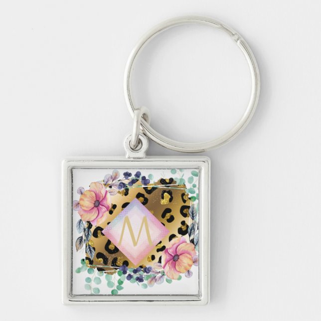 Pretty Girly Leopard Print Gold Pink Monogrammed Keychain (Front)
