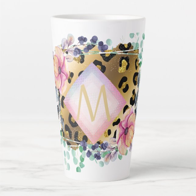Pretty Girly Leopard Print Gold Pink Monogrammed Latte Mug (Front)