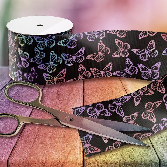   Pretty Girly Pastel Butterfly Pattern Iridescent Grosgrain Ribbon (Creator Uploaded)