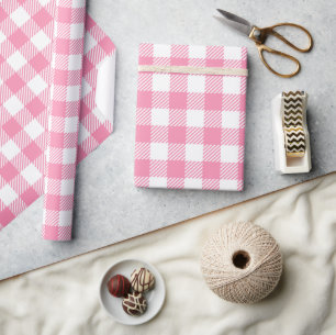 Pretty Girly  Pink and White Buffalo Plaid Gingham Wrapping Paper