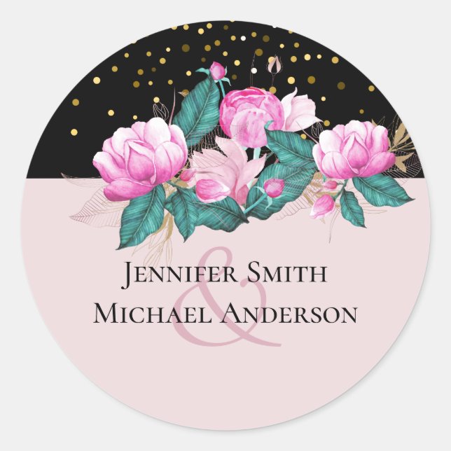 Pretty Girly Pink Black Gold Wedding Classic Round Sticker (Front)
