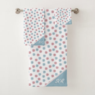 Pretty Girly Pink Blue Cute Flower Monogram  Bath Towel Set