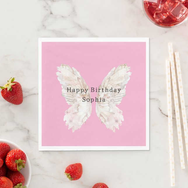 Pretty Girly Pink Butterfly Wings Birthday Napkin (Insitu)