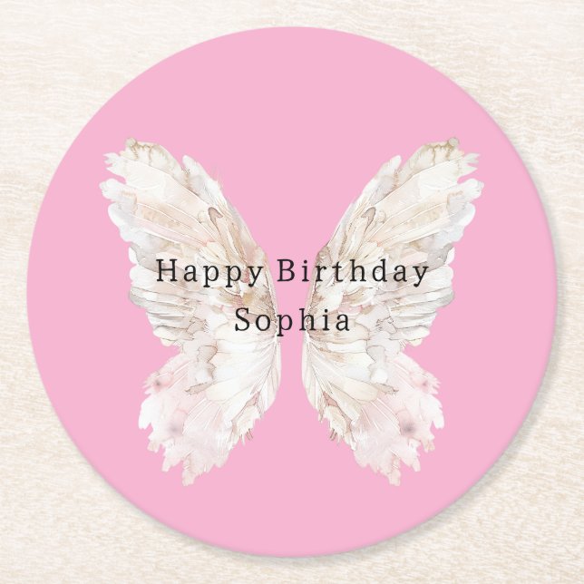 Pretty Girly Pink Butterfly Wings Birthday Round Paper Coaster (Front)