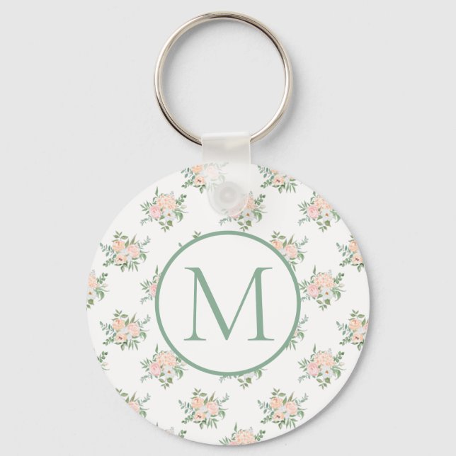 Pretty Girly Pink Floral Monogram  Keychain (Front)