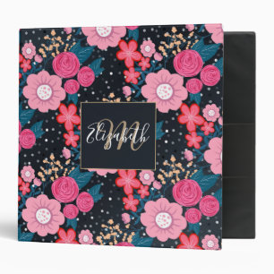 Pretty girly pink Floral Silver Dots Gray design Binder