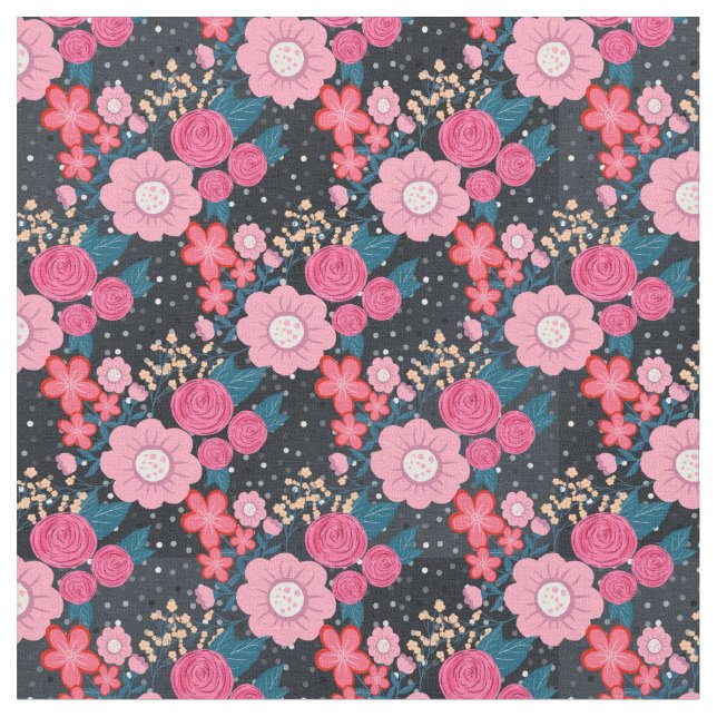 Pretty girly pink Floral Silver Dots Grey design Fabric (Close Up)
