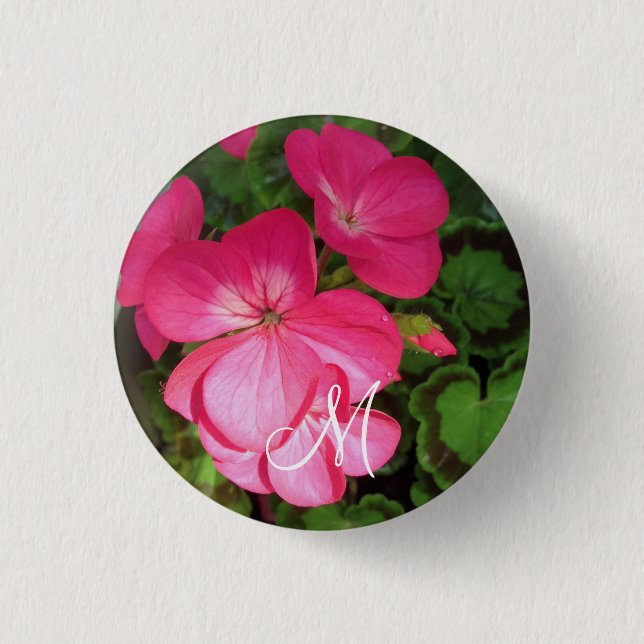 Pretty Girly Pink Geranium Photo Monogram   1 Inch Round Button (Front)