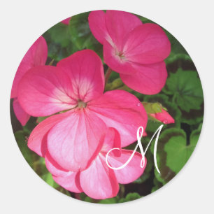 Pretty Girly Pink Geranium Photo Monogram  Classic Round Sticker