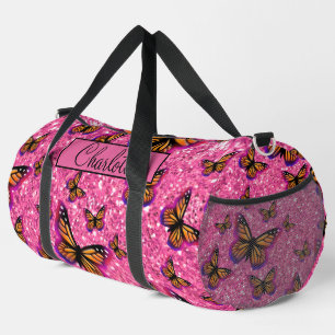Pretty Girly pink glitter butterflies monogram Duffle Bag