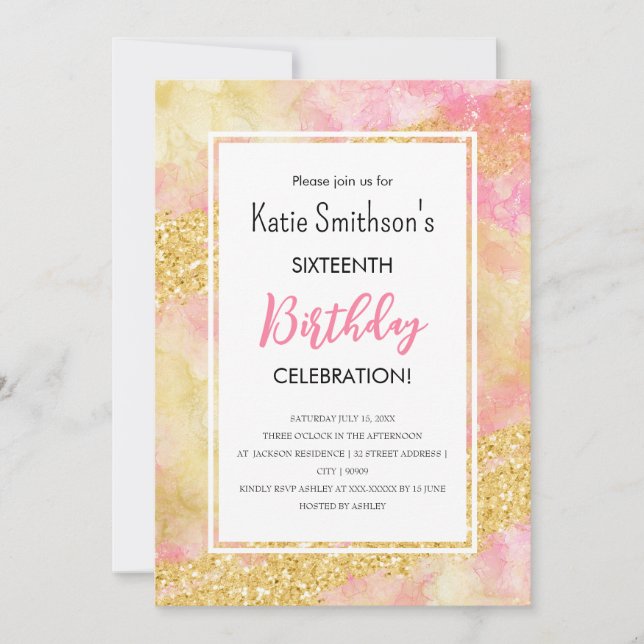 Pretty Girly Pink Gold Glitter Birthday Invitation (Front)