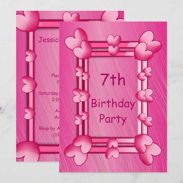 Pretty Girly Pink Hearts Framed 7th Birthday Invitation (Front/Back)