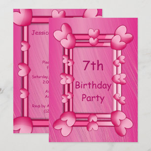 Pretty Girly Pink Hearts Framed 7th Birthday Invitation
