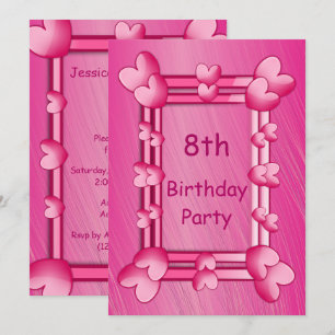 Pretty Girly Pink Hearts Framed 8th Birthday Invitation