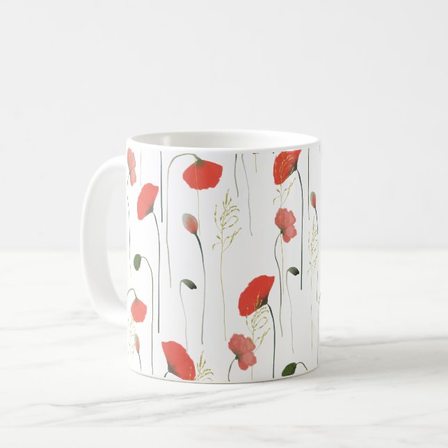 Pretty Girly Poppies Floral Pattern Coffee Mug (Front Left)