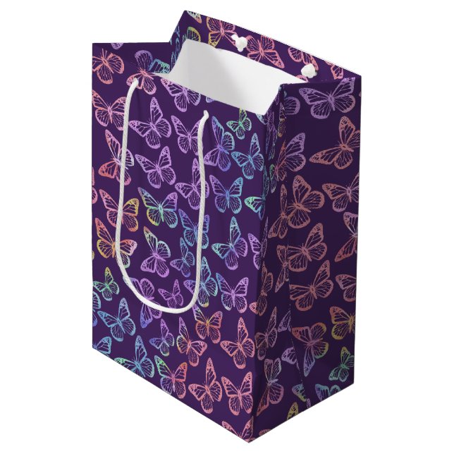   Pretty Girly Purple Butterfly Pattern Iridescent Medium Gift Bag (Front Angled)