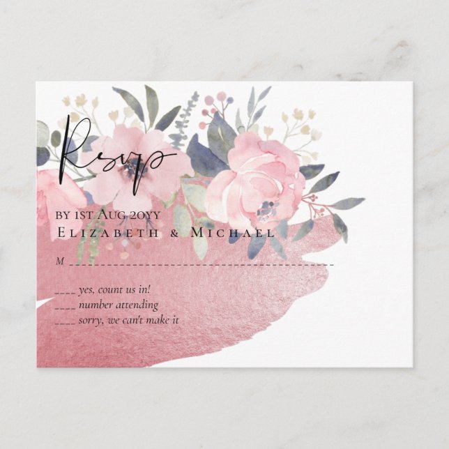 Pretty Girly Rosegold Floral Glam Wedding Postcard (Front)