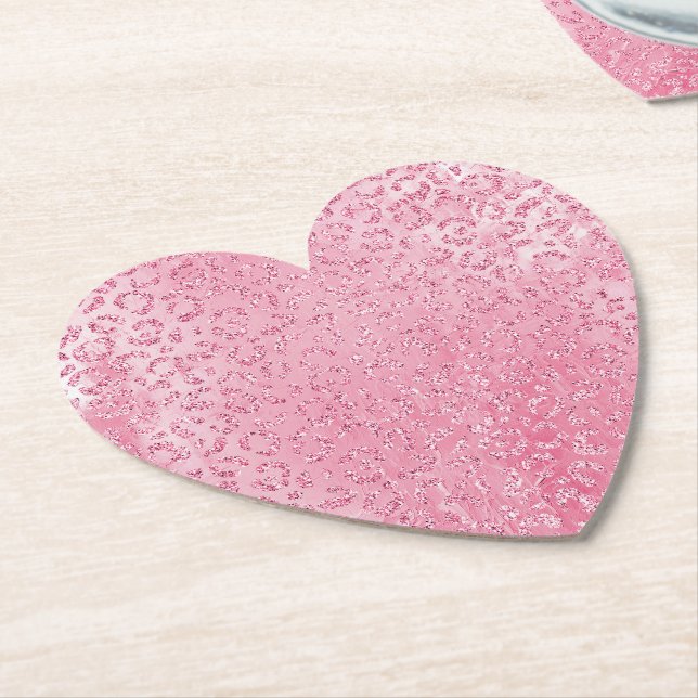 Pretty Girly Sugar Pink Glitter Leopard Paper Coaster (Angled)
