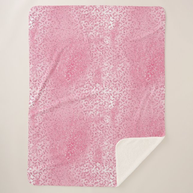 Pretty Girly Sugar Pink Glitter Leopard Sherpa Blanket (Front)
