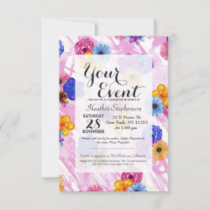 Pretty Girly Watercolor Flowers on Pink Watercolor Invitation