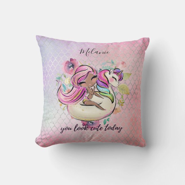 Pretty Girly YOU LOOK CUTE TODAY Unicorn Pink Throw Pillow (Front)