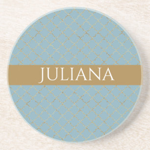 Pretty Glacial Blue Gold Quatrefoil Personalized  Coaster
