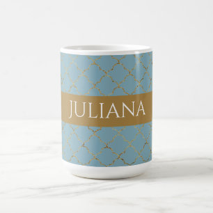 Pretty Glacial Blue Gold Quatrefoil Personalized Coffee Mug