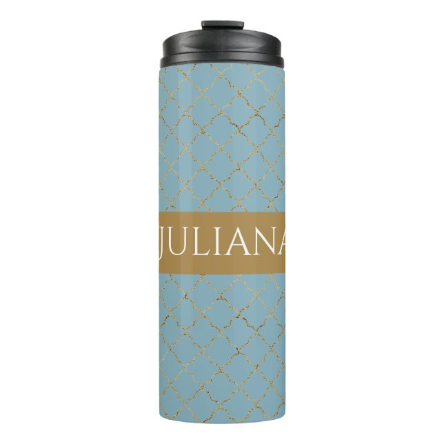 Pretty Glacial Blue Gold Quatrefoil Personalized  Thermal Tumbler (Front)