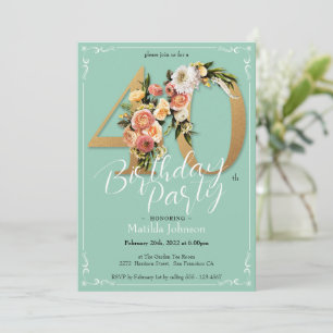 Pretty Glamourous Gold Mint Floral 40th Birthday Invitation