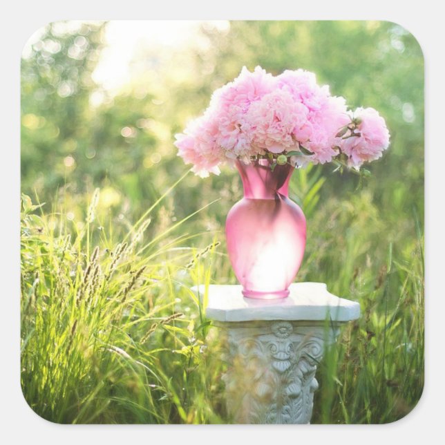 Pretty Glass Vase of Pink Flowers Stickers (Front)