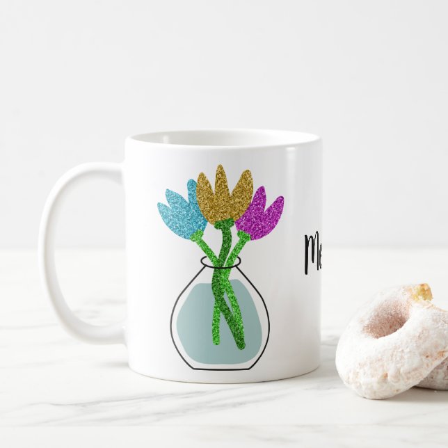 Pretty Glitter Flowers Personalized  Coffee Mug (With Donut)