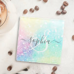 Pretty Glitter Holographic Iridescent Girly Glass Coaster<br><div class="desc">A trendy pretty chic bokeh glitter background in beautiful pastel colours. You can easily personalize with your custom monogram and/or name.</div>