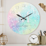 Pretty Glitter Holographic Iridescent Girly Round Clock<br><div class="desc">A trendy pretty chic bokeh glitter background in beautiful pastel colours. You can easily personalize with your custom monogram and/or name.</div>