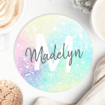 Pretty Glitter Holographic Iridescent Girly Round Paper Coaster<br><div class="desc">A trendy pretty chic bokeh glitter background in beautiful pastel colours. You can easily personalize with your custom monogram and/or name.</div>
