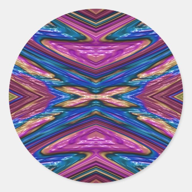 ~ Pretty Glossy Yellow Blue and Pink Fractal ~ Classic Round Sticker (Front)
