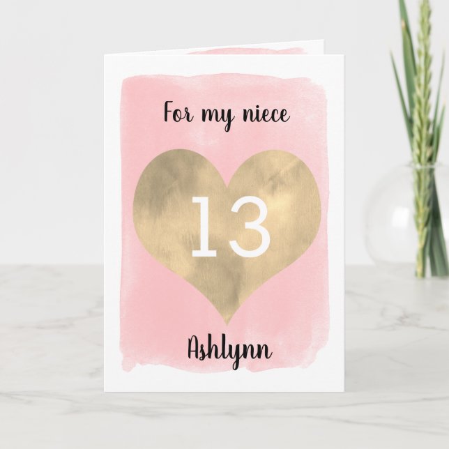 Pretty Gold and Pink 13th Birthday Niece Card (Front)