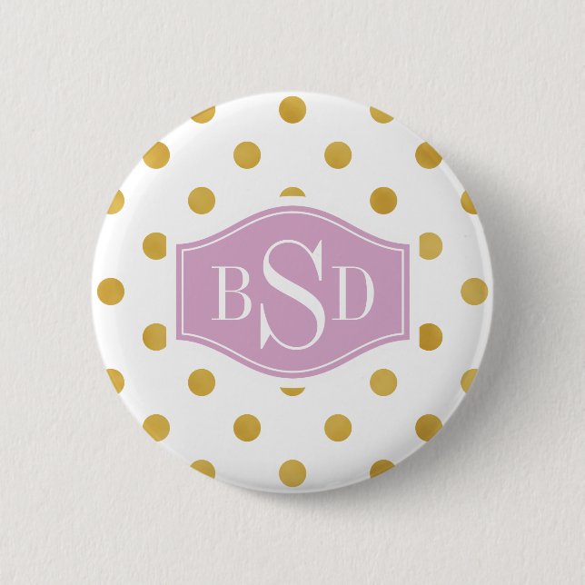 Pretty gold and white polka dots patterns monogram 2 inch round button (Front)