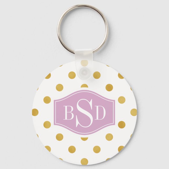 Pretty gold and white polka dots patterns monogram keychain (Front)